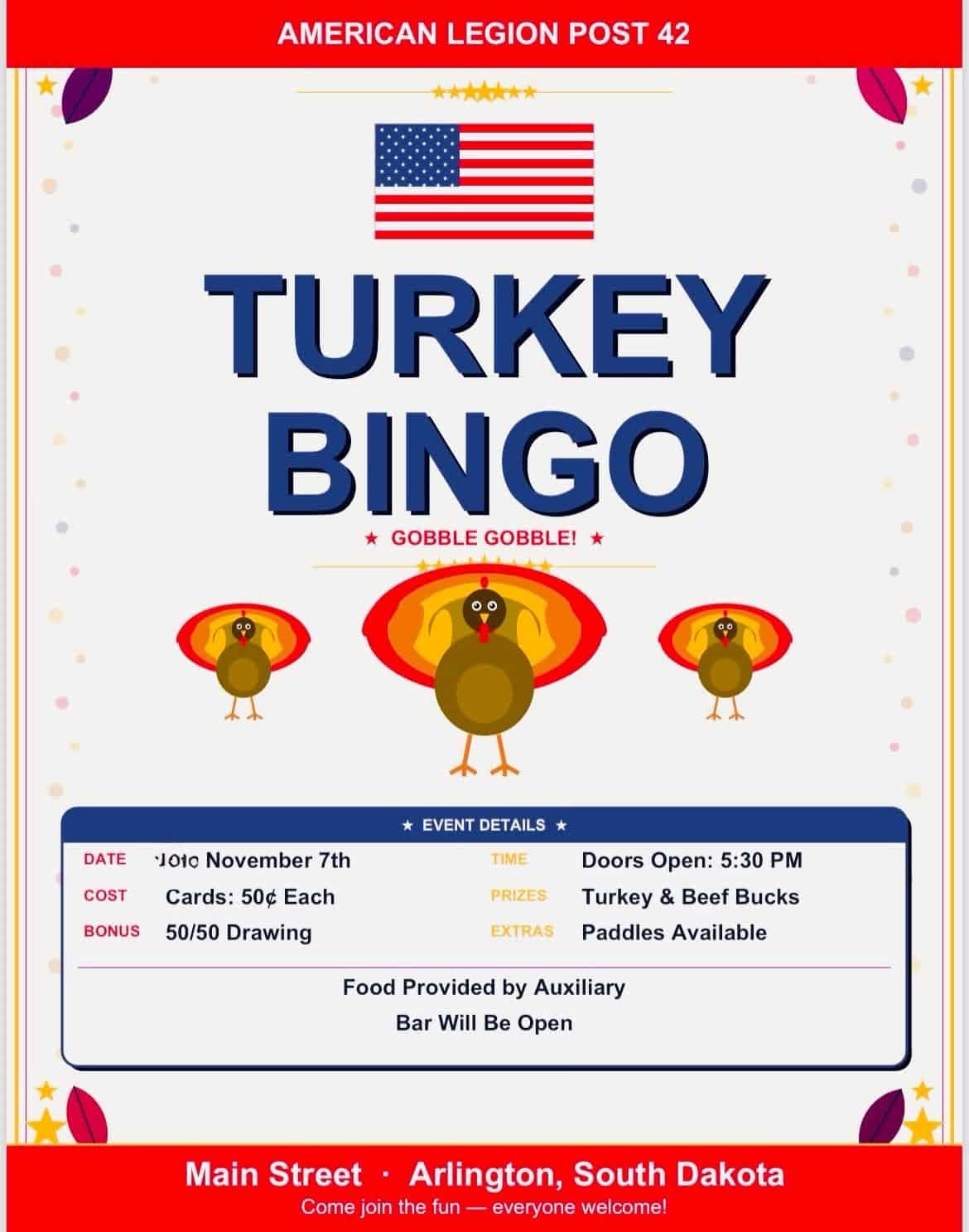Turkey Bingo at American Legion Post 42 — Doors Open 5:30 PM